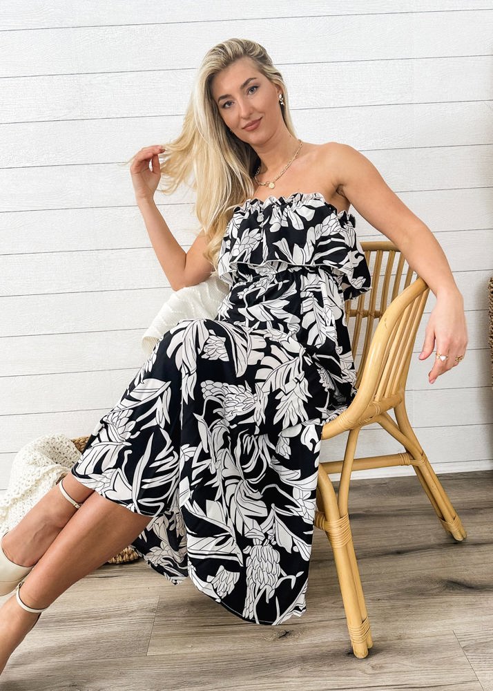 Strapless Maxi Dress with Ruffle Bodice and Tropical Leaf Print