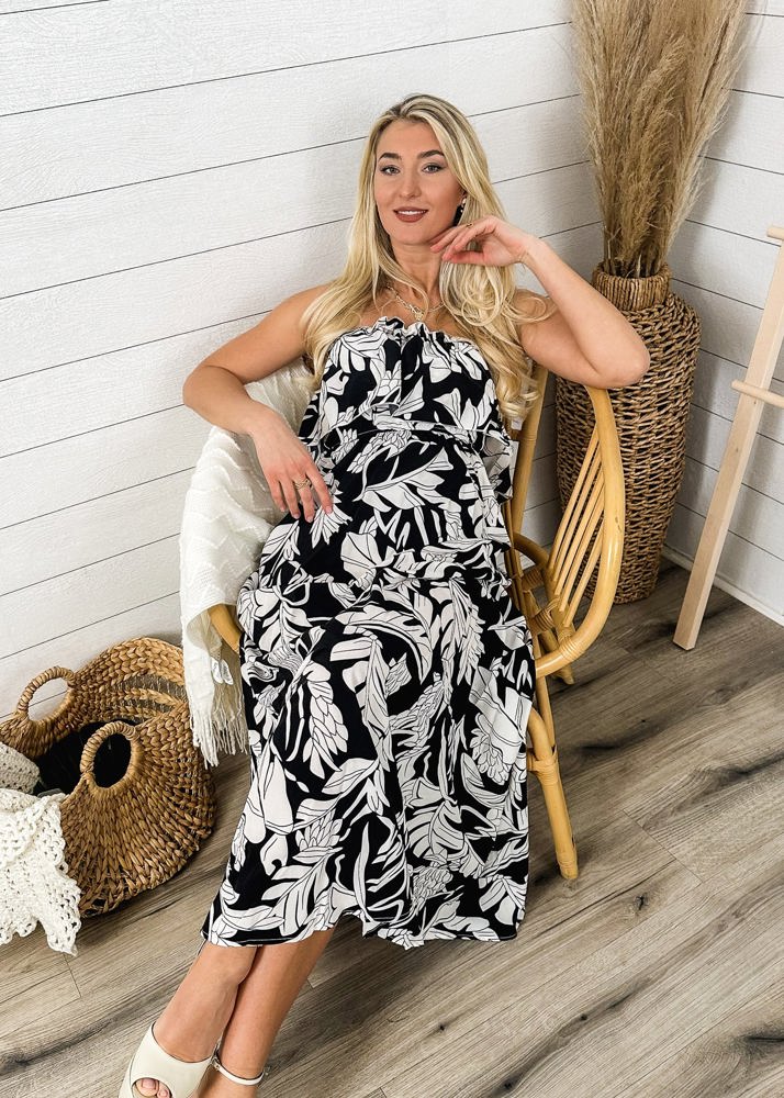 Strapless Maxi Dress with Ruffle Bodice and Tropical Leaf Print