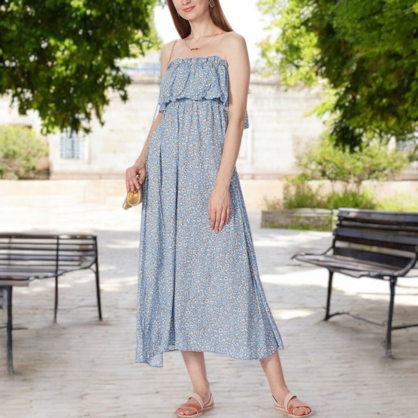 Strapless Maxi Dress with Ruffle Bodice and Tropical Leaf Print