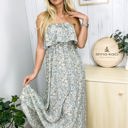 Green Large Strapless Maxi Dress with Ruffle Bodice and Tropical Leaf Print