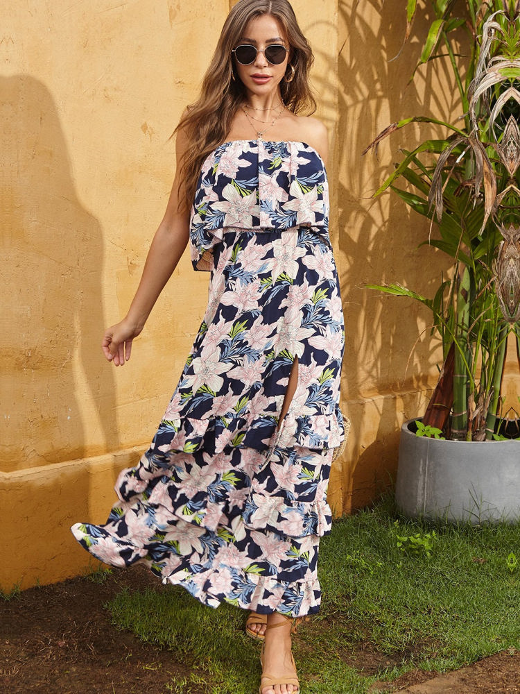 Strapless Maxi Dress with Ruffle Bodice and Tropical Leaf Print