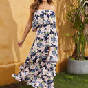 Multicolored Medium Strapless Maxi Dress with Ruffle Bodice and Tropical Leaf Print