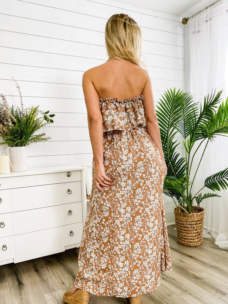 Strapless Maxi Dress with Ruffle Bodice and Tropical Leaf Print