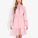  V-Neck Mock Neck Tie Detail Clip Dot Bishop Sleeve Mini Flared Dress