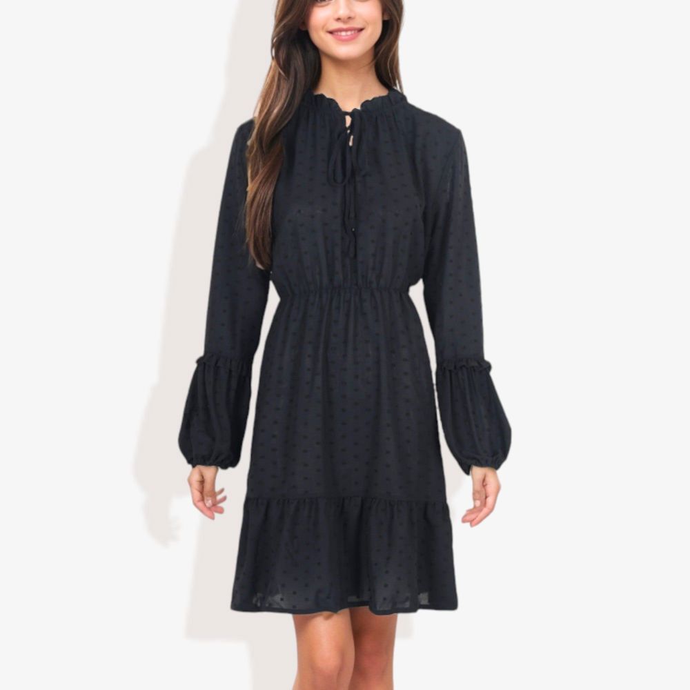 V-Neck Mock Neck Tie Detail Clip Dot Bishop Sleeve Mini Flared Dress