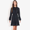 Black Medium V-Neck Mock Neck Tie Detail Clip Dot Bishop Sleeve Mini Flared Dress