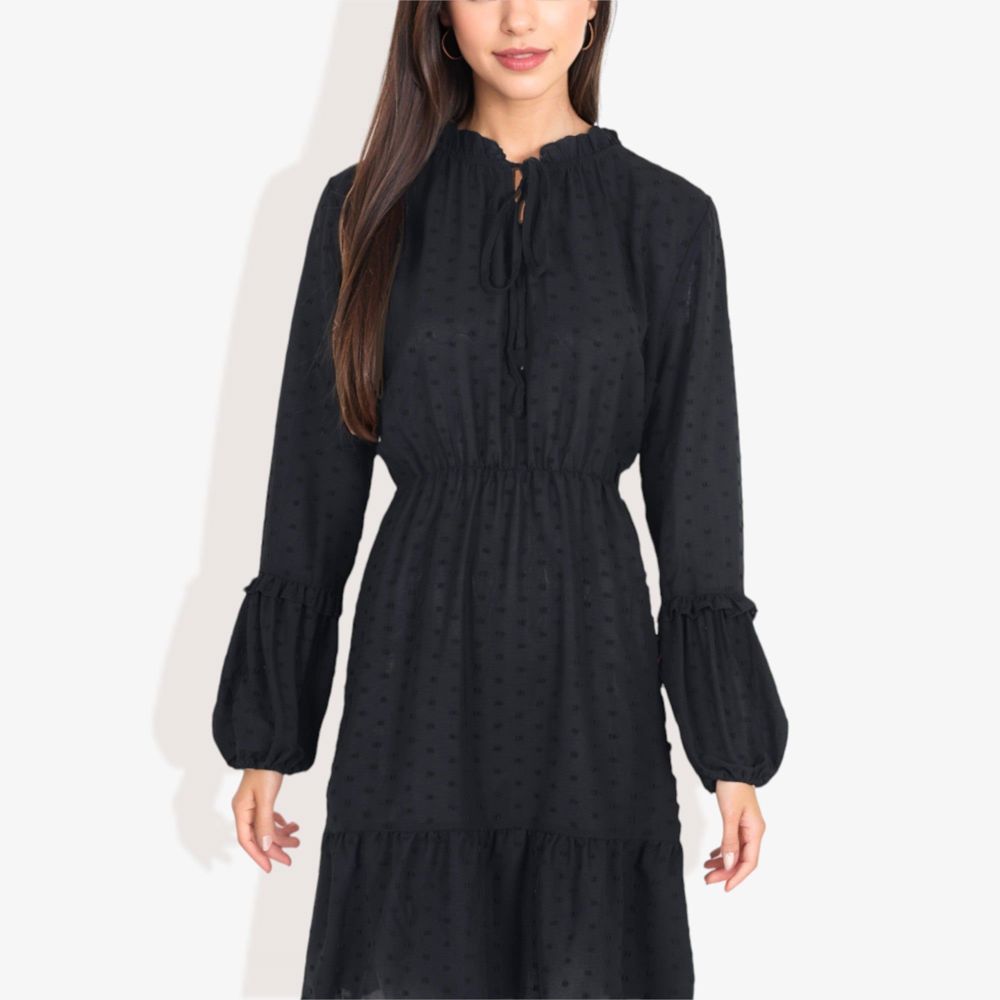 V-Neck Mock Neck Tie Detail Clip Dot Bishop Sleeve Mini Flared Dress