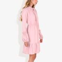 Pink Large V-Neck Mock Neck Tie Detail Clip Dot Bishop Sleeve Mini Flared Dress