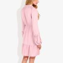 Pink Large V-Neck Mock Neck Tie Detail Clip Dot Bishop Sleeve Mini Flared Dress