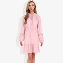 Pink Large V-Neck Mock Neck Tie Detail Clip Dot Bishop Sleeve Mini Flared Dress