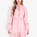 Pink Medium V-Neck Mock Neck Tie Detail Clip Dot Bishop Sleeve Mini Flared Dress