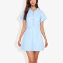  Short Sleeve Striped Shirt Dress with Button Front and Elastic Waist Casual Summer Dress