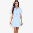  Short Sleeve Striped Shirt Dress with Button Front and Elastic Waist Casual Summer Dress