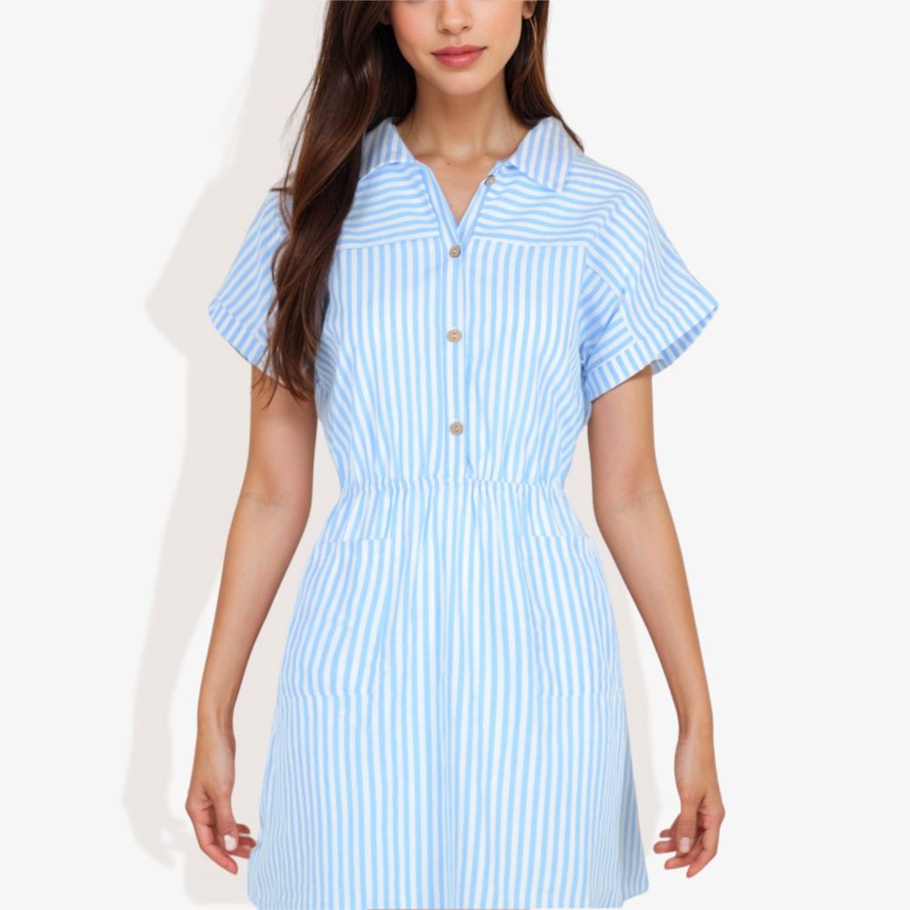 Short Sleeve Striped Shirt Dress with Button Front and Elastic Waist Casual Summer Dress