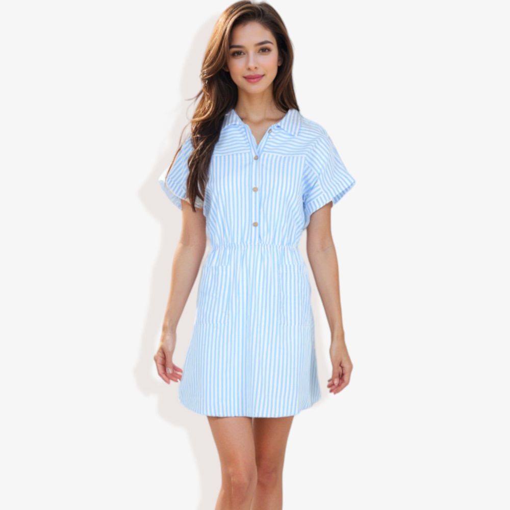 Short Sleeve Striped Shirt Dress with Button Front and Elastic Waist Casual Summer Dress