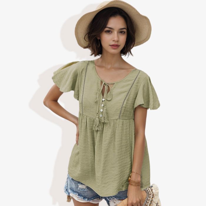 Short Sleeve Boho Top with Tassel Tie Front and Crochet Trim Casual Summer Blouse