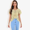  Short Sleeve Boho Top with Tassel Tie Front and Crochet Trim Casual Summer Blouse