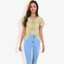  Short Sleeve Boho Top with Tassel Tie Front and Crochet Trim Casual Summer Blouse