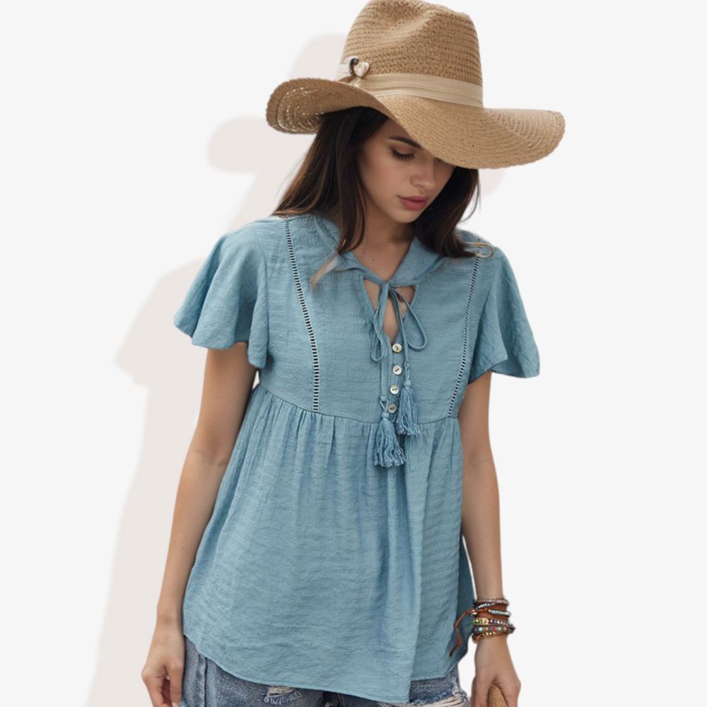 Short Sleeve Boho Top with Tassel Tie Front and Crochet Trim Casual Summer Blouse