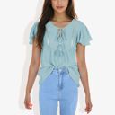 Blue Large Short Sleeve Boho Top with Tassel Tie Front and Crochet Trim Casual Summer Blouse