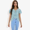 Blue Large Short Sleeve Boho Top with Tassel Tie Front and Crochet Trim Casual Summer Blouse