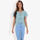 Blue Large Short Sleeve Boho Top with Tassel Tie Front and Crochet Trim Casual Summer Blouse