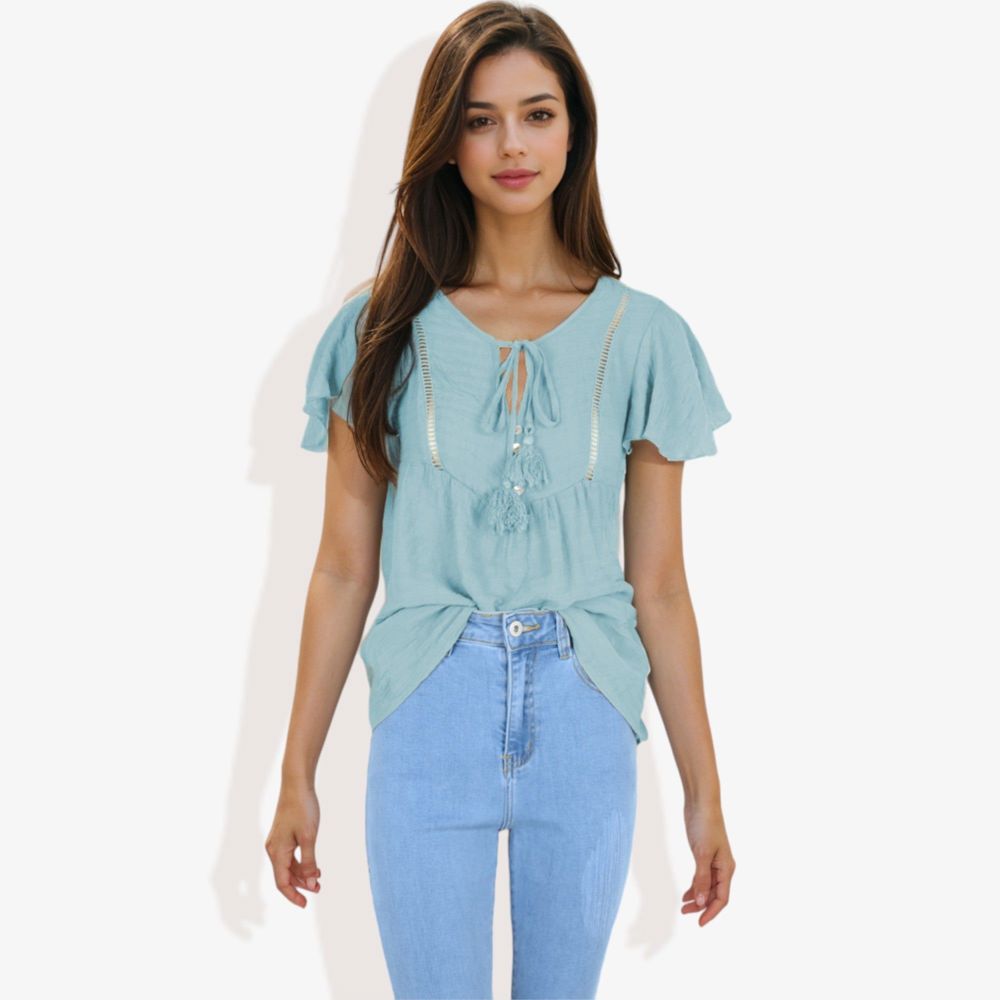 Short Sleeve Boho Top with Tassel Tie Front and Crochet Trim Casual Summer Blouse