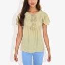 Green Medium Short Sleeve Boho Top with Tassel Tie Front and Crochet Trim Casual Summer Blouse