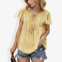 Beige Large Short Sleeve Boho Top with Tassel Tie Front and Crochet Trim Casual Summer Blouse