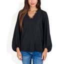  V-Neck Blouse with Lace Trim and Balloon Sleeves