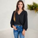  V-Neck Blouse with Lace Trim and Balloon Sleeves