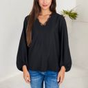  V-Neck Blouse with Lace Trim and Balloon Sleeves