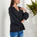  V-Neck Blouse with Lace Trim and Balloon Sleeves