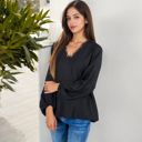  V-Neck Blouse with Lace Trim and Balloon Sleeves