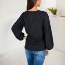 Black Large V-Neck Blouse with Lace Trim and Balloon Sleeves