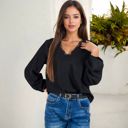 Black Large V-Neck Blouse with Lace Trim and Balloon Sleeves