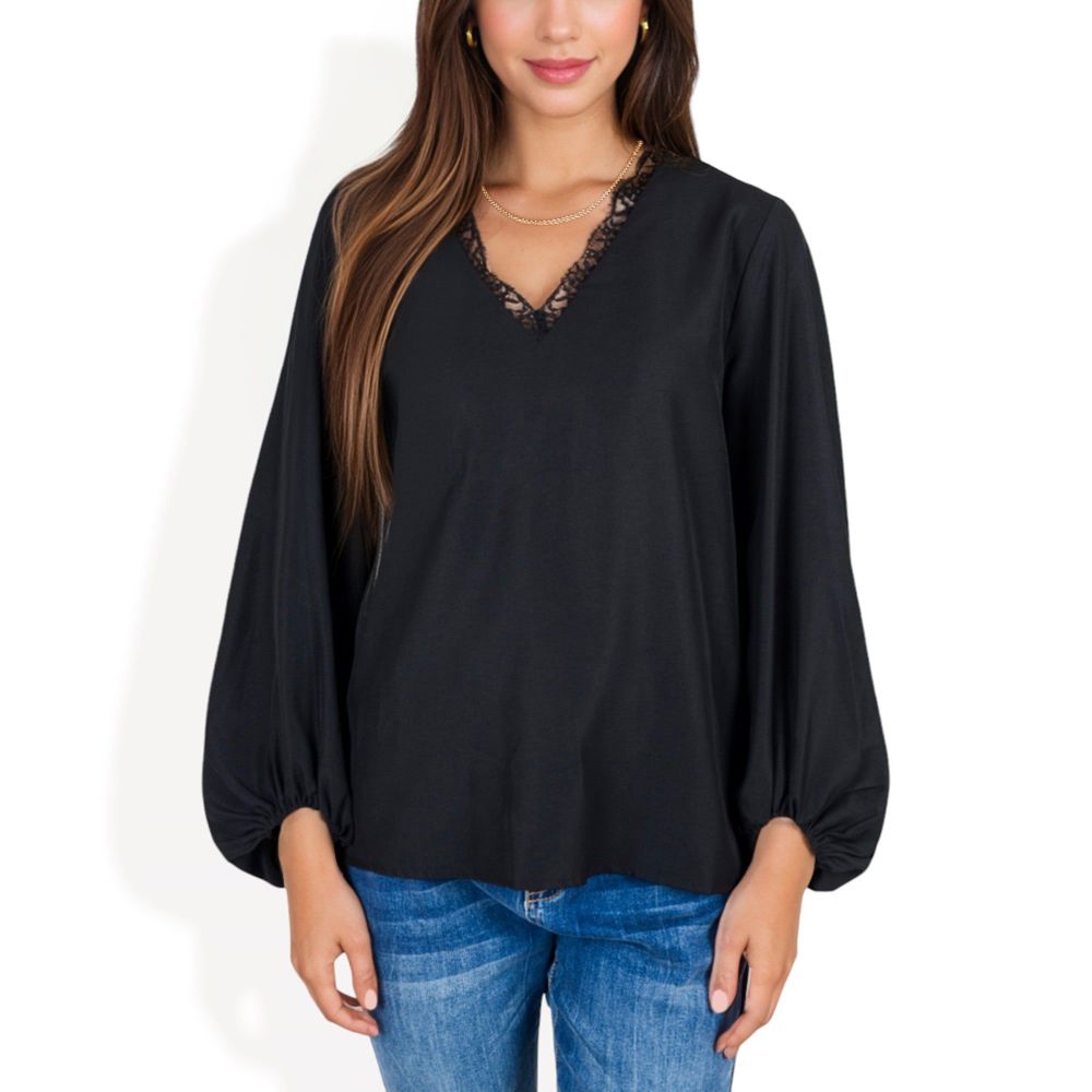 V-Neck Blouse with Lace Trim and Balloon Sleeves