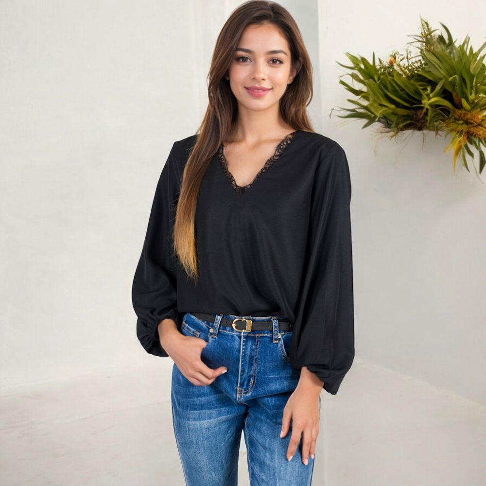 V-Neck Blouse with Lace Trim and Balloon Sleeves