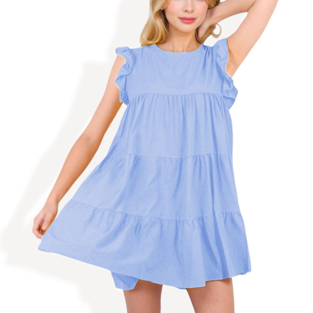 Sleeveless Ruffle Trim Tiered Babydoll Dress with Flowy Fit for Casual Summer and Beach Wear