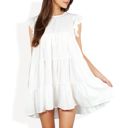 White Medium Sleeveless Ruffle Trim Tiered Babydoll Dress with Flowy Fit for Casual Summer and Beach Wear