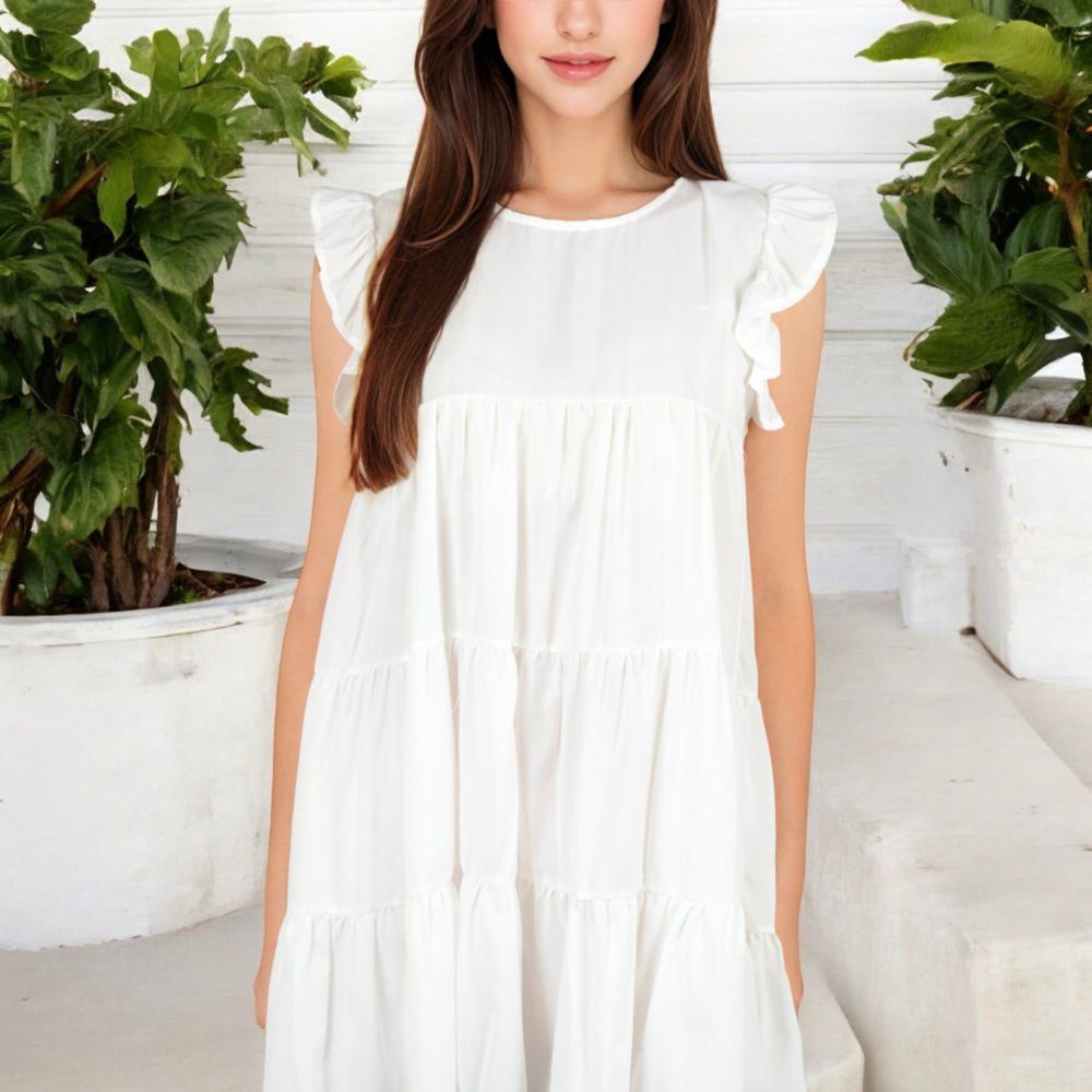 Sleeveless Ruffle Trim Tiered Babydoll Dress with Flowy Fit for Casual Summer and Beach Wear