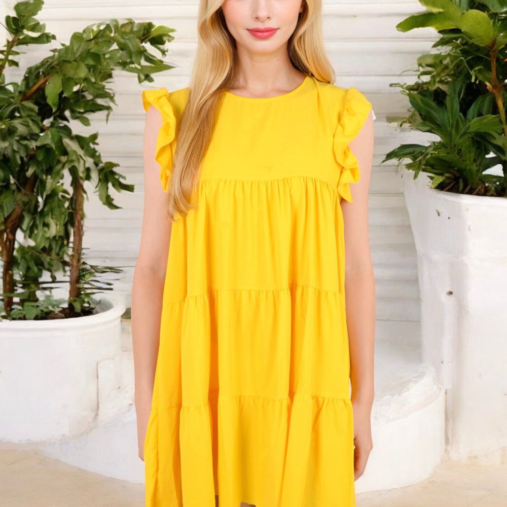 Sleeveless Ruffle Trim Tiered Babydoll Dress with Flowy Fit for Casual Summer and Beach Wear