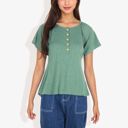 Green Large Button Down Detail Round Neck Raglan Short Gathered Sleeve Flared Top