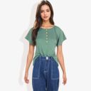 Green Large Button Down Detail Round Neck Raglan Short Gathered Sleeve Flared Top