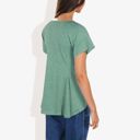 Green Large Button Down Detail Round Neck Raglan Short Gathered Sleeve Flared Top