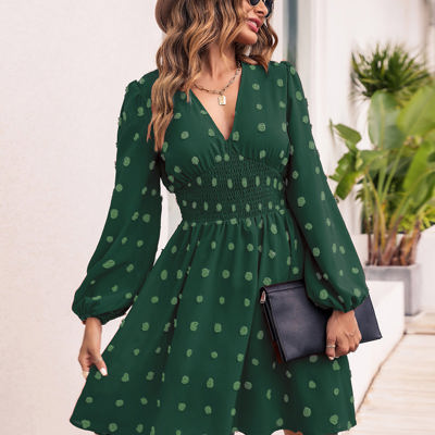 Long Sleeve Dress with Smocked Waist and Textured Dot Pattern