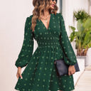  Long Sleeve Dress with Smocked Waist and Textured Dot Pattern