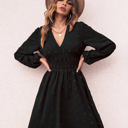 Black Large Long Sleeve Dress with Smocked Waist and Textured Dot Pattern