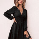 Black Large Long Sleeve Dress with Smocked Waist and Textured Dot Pattern