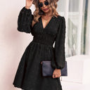 Black Large Long Sleeve Dress with Smocked Waist and Textured Dot Pattern